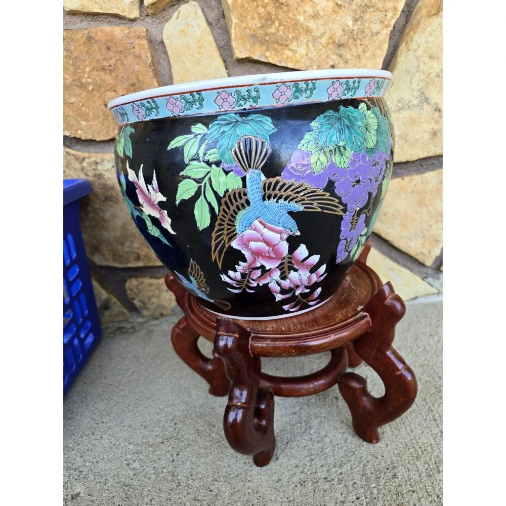 Chinese Fish Bowl Birds And Grapes With Stand Koi Pot